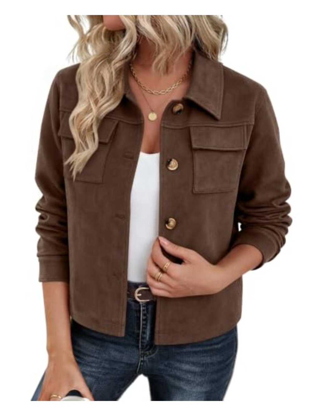 Faux Suede Cropped Shacket Button Up Collared Casual Jacket